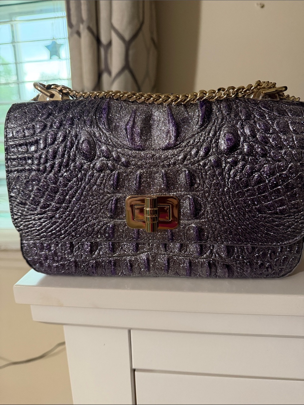 Brahmin Metallic Purple Croc-Embossed convertible Crossbody Bag with Gold Chain